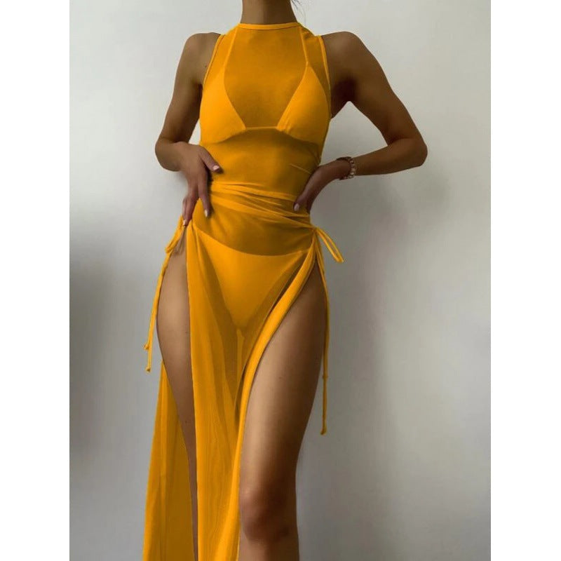 Solid Color Bikini Set with Maxi Dress Cover-Up | Women's Three-Piece Swimwear