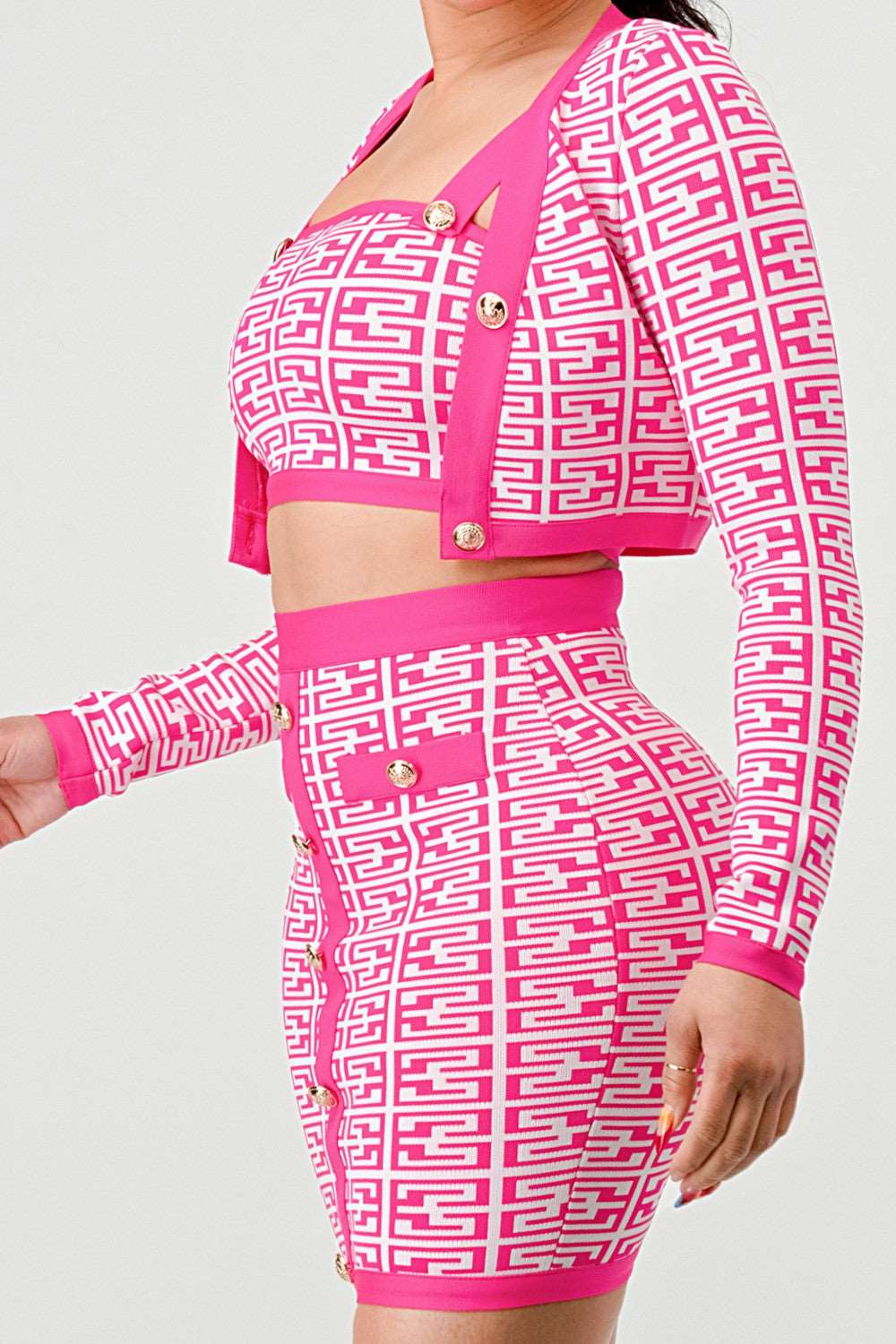 Barbie Pink Geometric Knit Crop Jacket, Crop Top & Mini Skirt Set