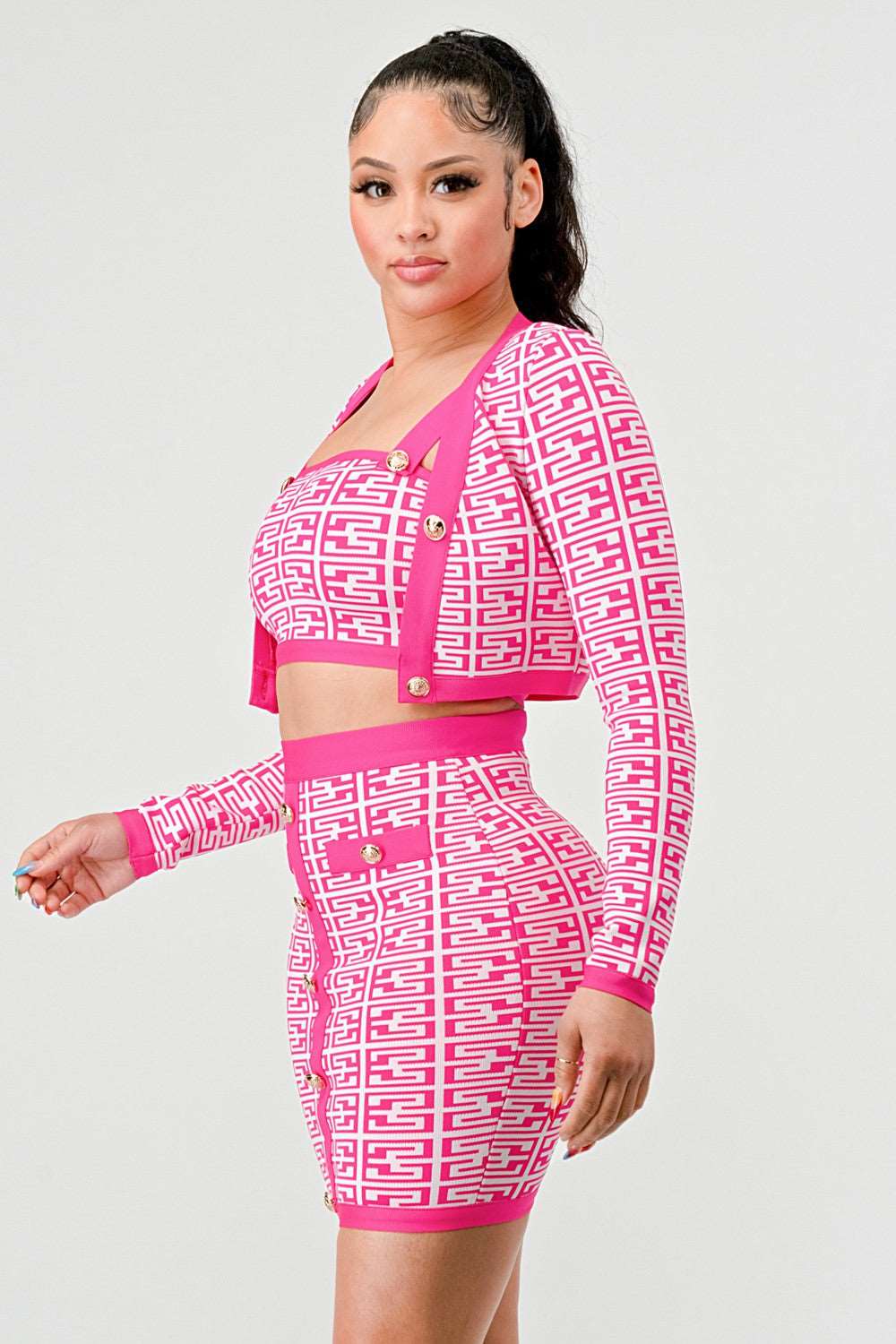 Barbie Pink Geometric Knit Crop Jacket, Crop Top & Mini Skirt Set