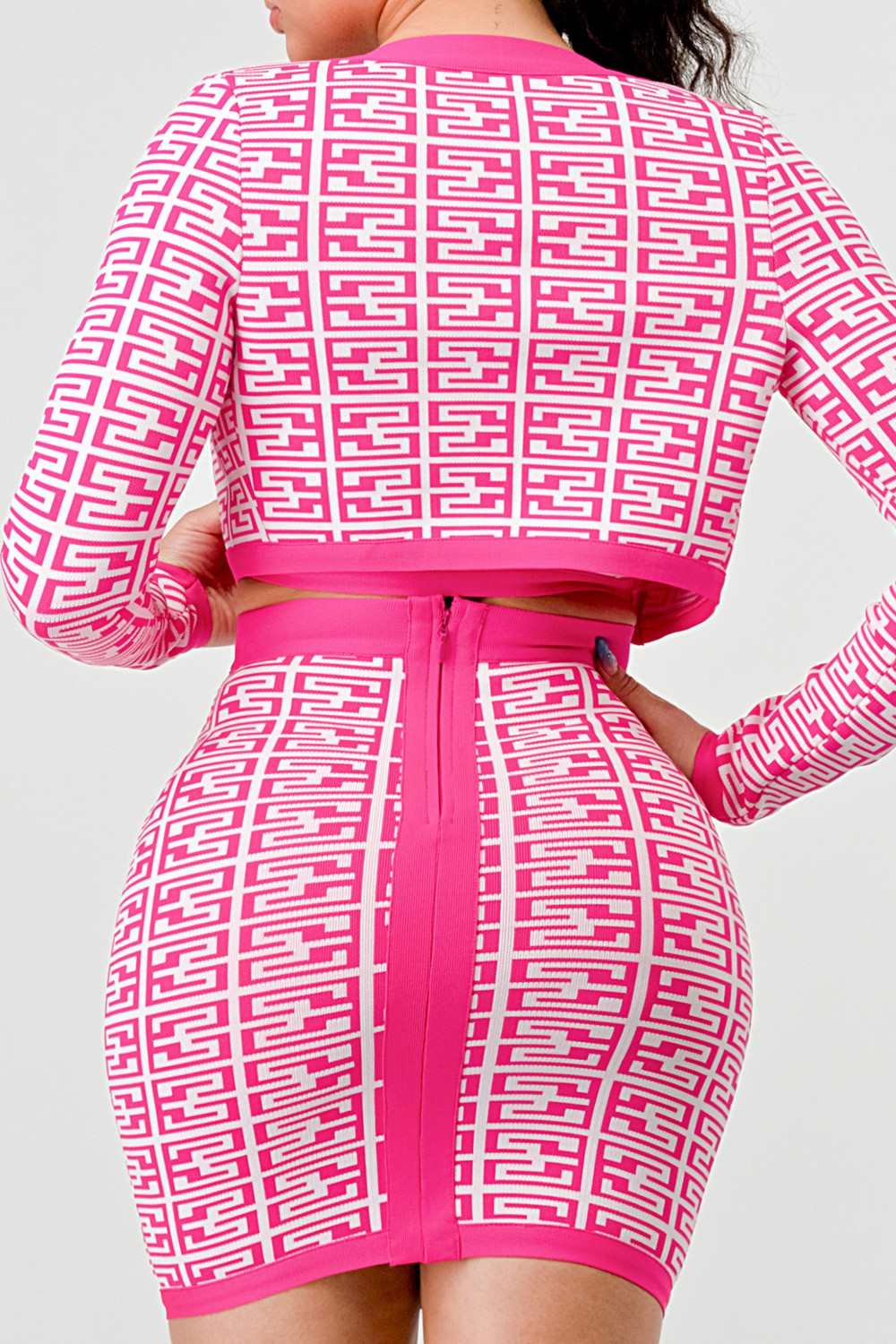Barbie Pink Geometric Knit Crop Jacket, Crop Top & Mini Skirt Set