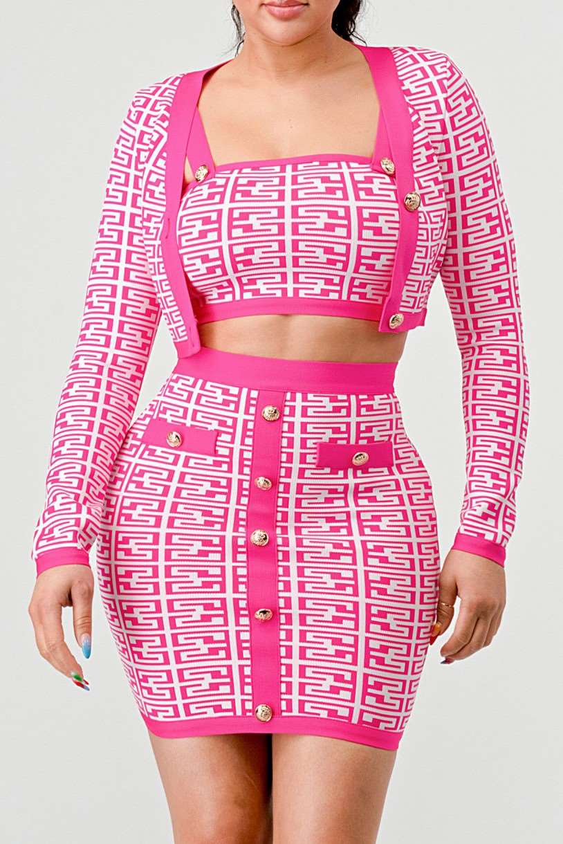 Barbie Pink Geometric Knit Crop Jacket, Crop Top & Mini Skirt Set