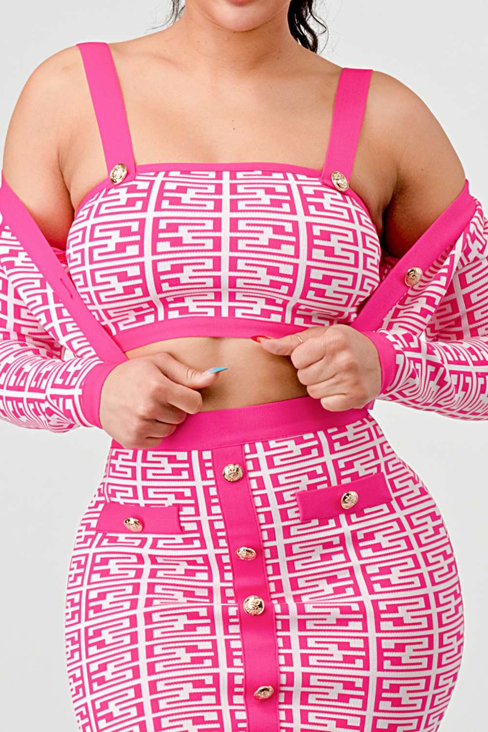 Barbie Pink Geometric Knit Crop Jacket, Crop Top & Mini Skirt Set