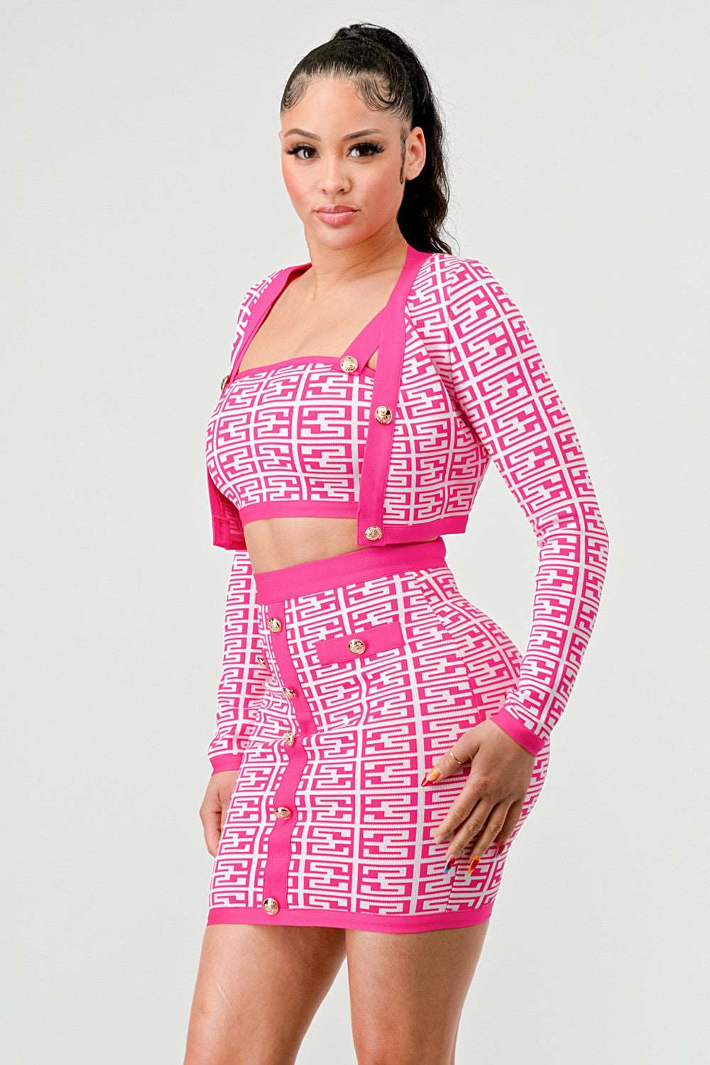 Barbie Pink Geometric Knit Crop Jacket, Crop Top & Mini Skirt Set