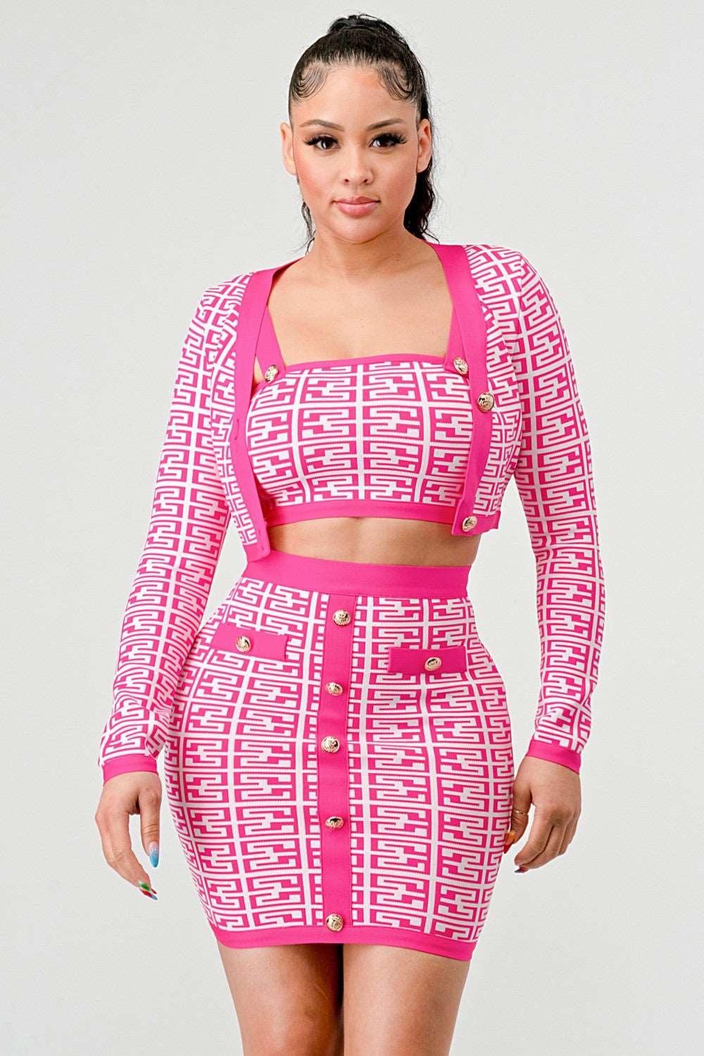 Barbie Pink Geometric Knit Crop Jacket, Crop Top & Mini Skirt Set