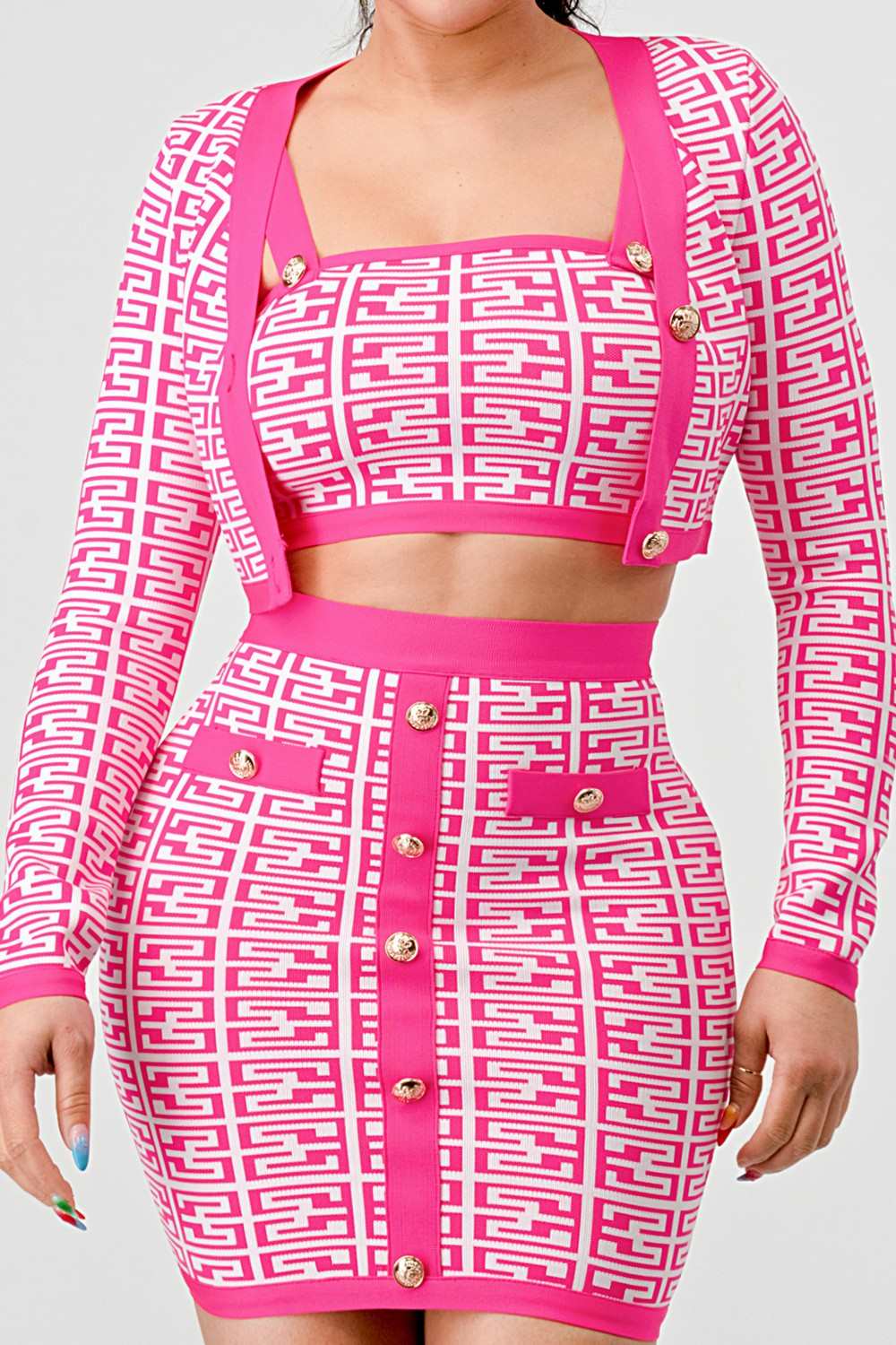 Barbie Pink Geometric Knit Crop Jacket, Crop Top & Mini Skirt Set