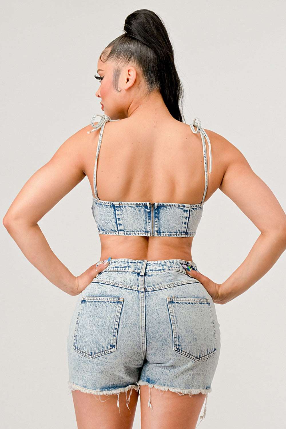 Distressed Denim Ruffled Bustier Crop Top & Destroyed Shorts Set