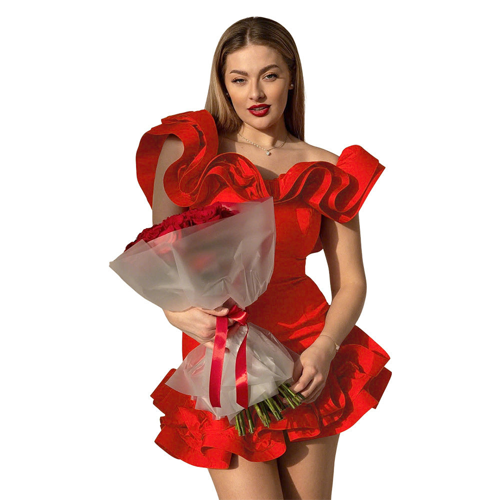 The Grand Flourish Off-Shoulder Ruffle Mini Dress