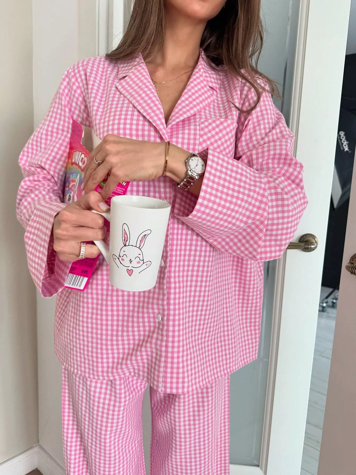 The Pink Check-In Gingham Pajama Set