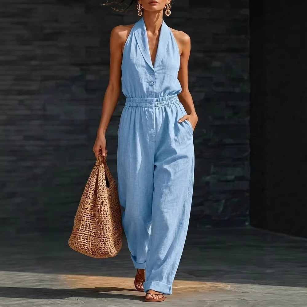 Halter Neck Button-Front Jumpsuit – Elastic Waist Wide-Leg Linen Style