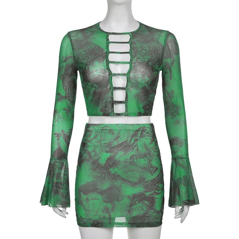 The Green Envy Cutout Top & Mini Skirt Set