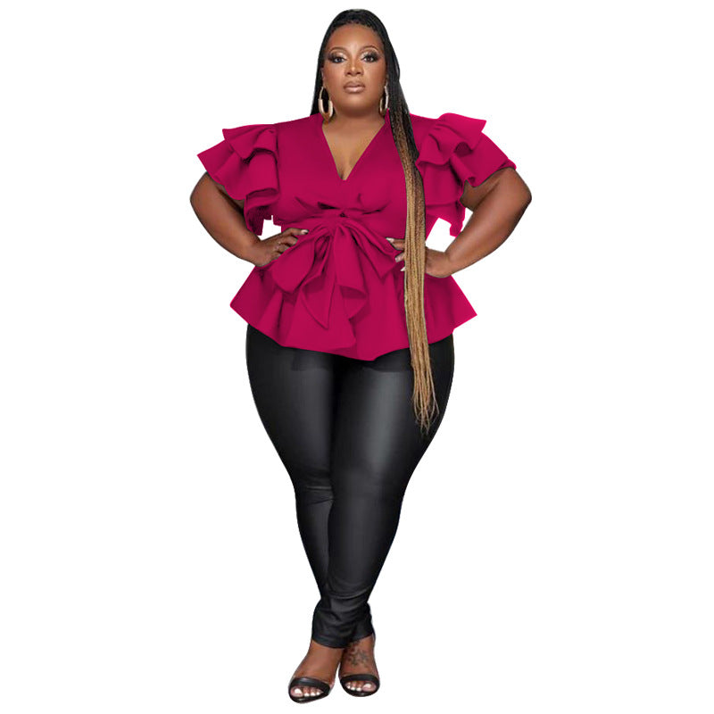 V-Neck Tiered Ruffle Sleeve Tie-Waist Peplum Blouse | Plus Size L–4XL