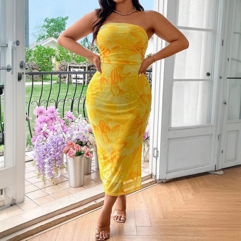 The Golden Bloom Strapless Floral Dress