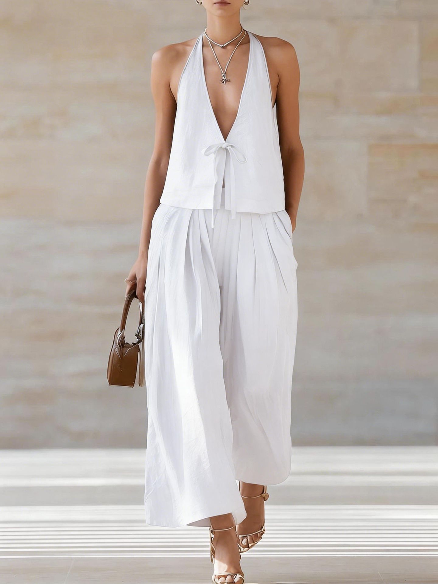 Lace-Up Halter Vest & Wide-Leg Pants Set | 2-Piece Deep V Sleeveless