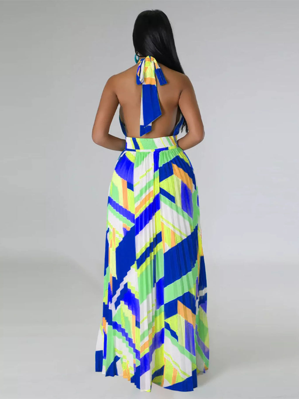 The Halter Geometric Pleated Maxi Dress