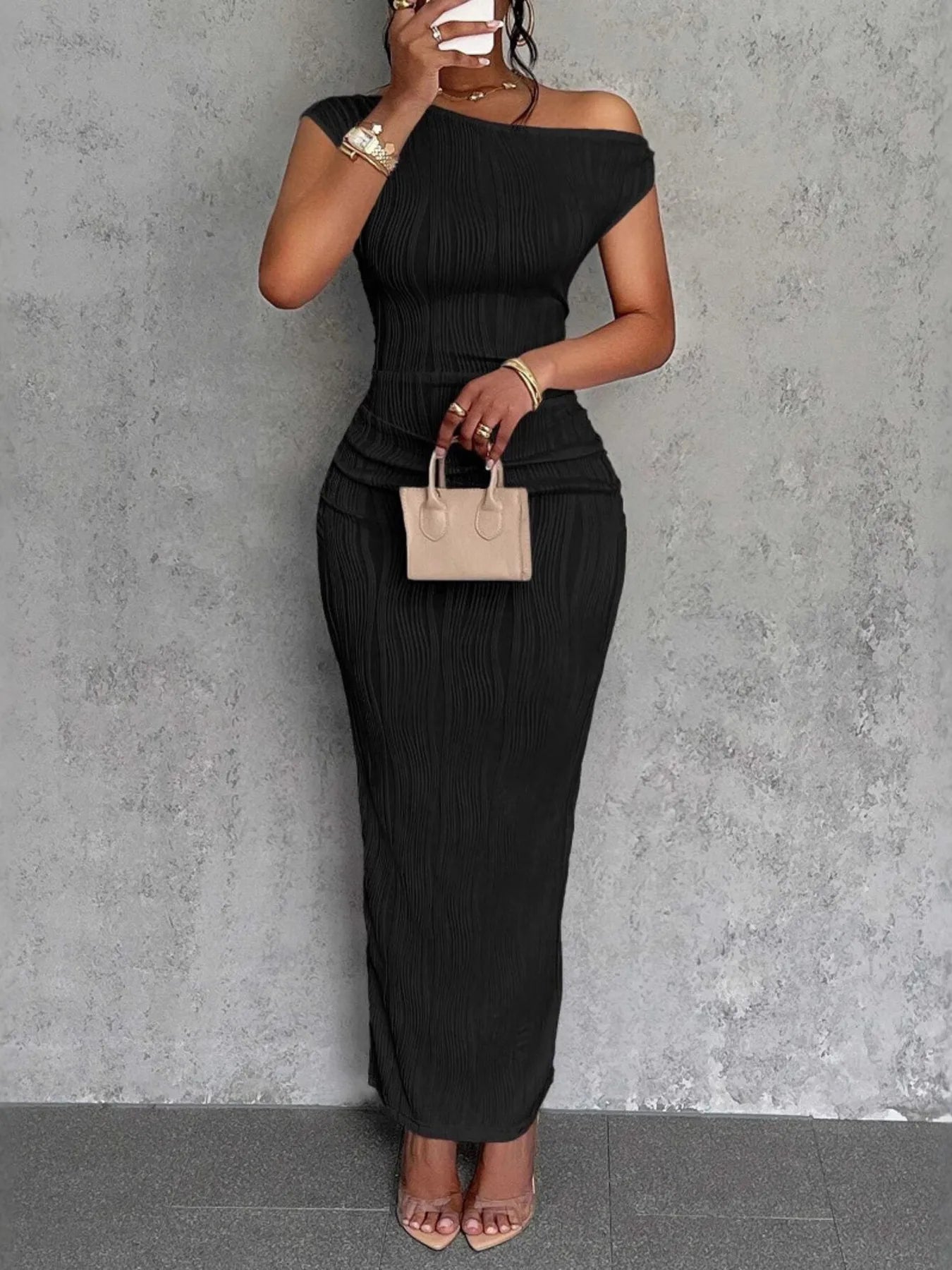 Textured One-Shoulder Bodycon Maxi Dress