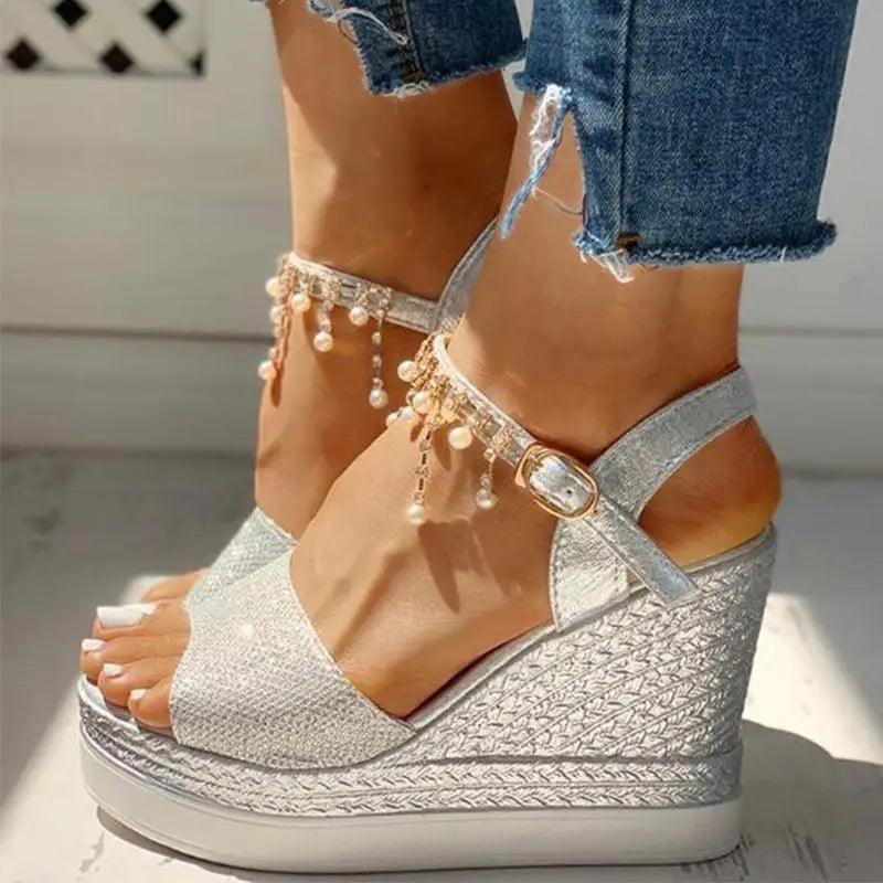 Pearl Drop Rhinestone Ankle Strap Glitter Platform Wedge Sandal | Open Toe & Espadrille Wedge