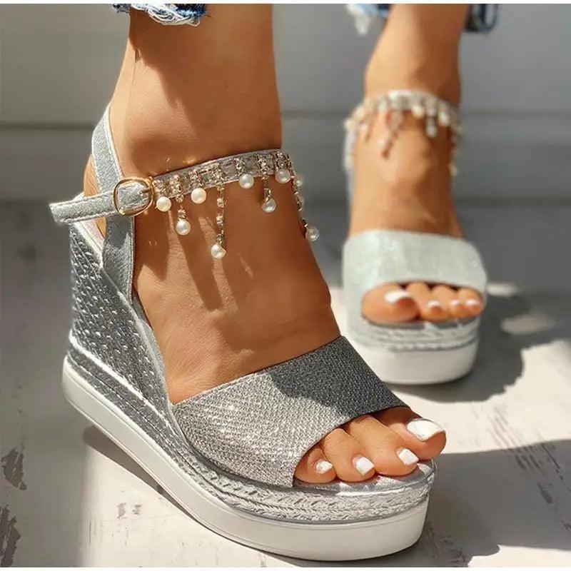 Pearl Drop Rhinestone Ankle Strap Glitter Platform Wedge Sandal | Open Toe & Espadrille Wedge