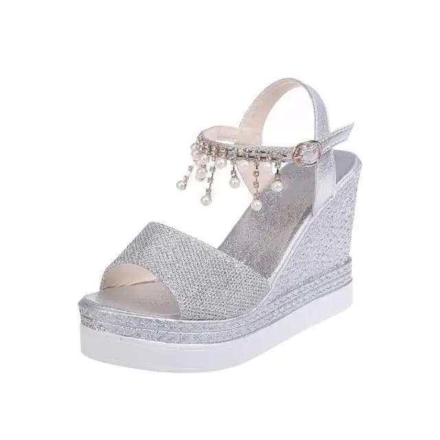 Pearl Drop Rhinestone Ankle Strap Glitter Platform Wedge Sandal | Open Toe & Espadrille Wedge