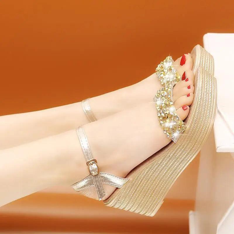 Pearl Drop Rhinestone Ankle Strap Glitter Platform Wedge Sandal | Open Toe & Espadrille Wedge