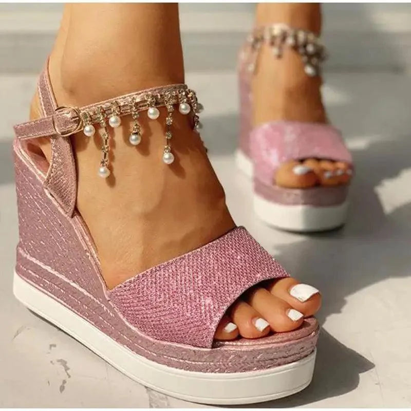 Pearl Drop Rhinestone Ankle Strap Glitter Platform Wedge Sandal | Open Toe & Espadrille Wedge