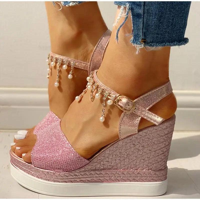 Pearl Drop Rhinestone Ankle Strap Glitter Platform Wedge Sandal | Open Toe & Espadrille Wedge