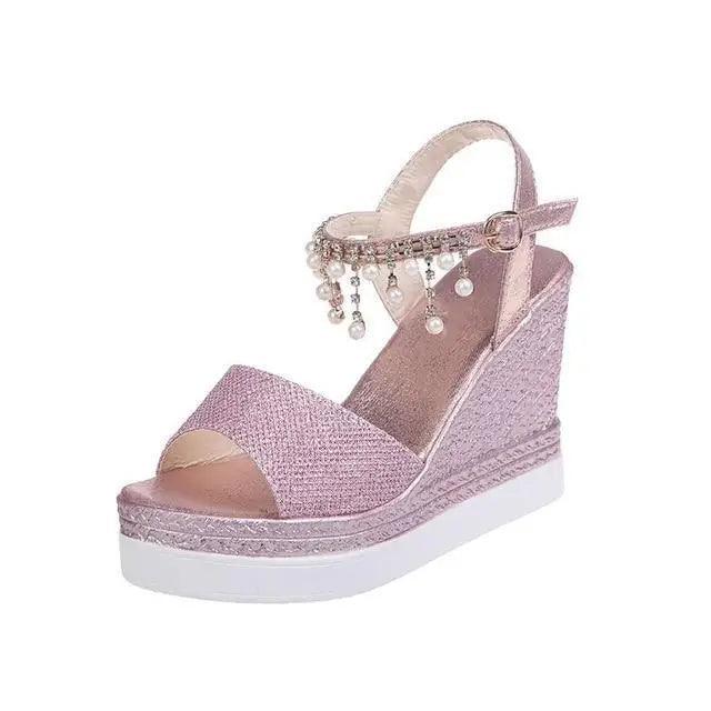 Pearl Drop Rhinestone Ankle Strap Glitter Platform Wedge Sandal | Open Toe & Espadrille Wedge