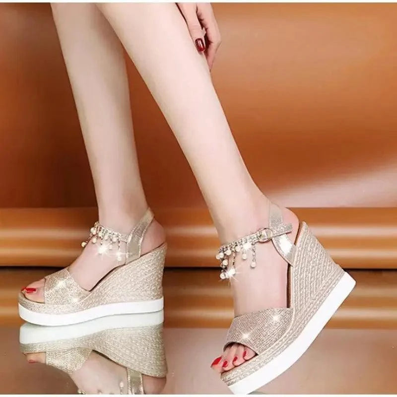 Pearl Drop Rhinestone Ankle Strap Glitter Platform Wedge Sandal | Open Toe & Espadrille Wedge