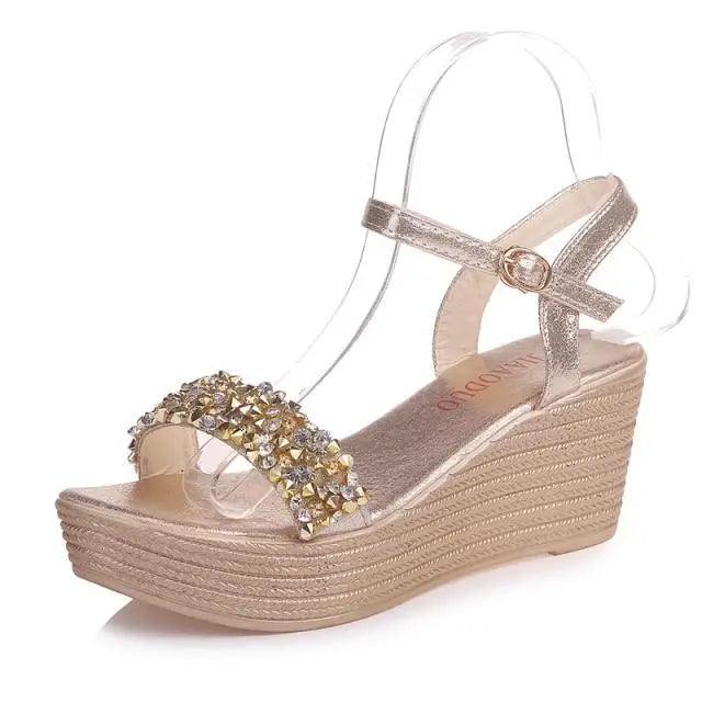 Pearl Drop Rhinestone Ankle Strap Glitter Platform Wedge Sandal | Open Toe & Espadrille Wedge