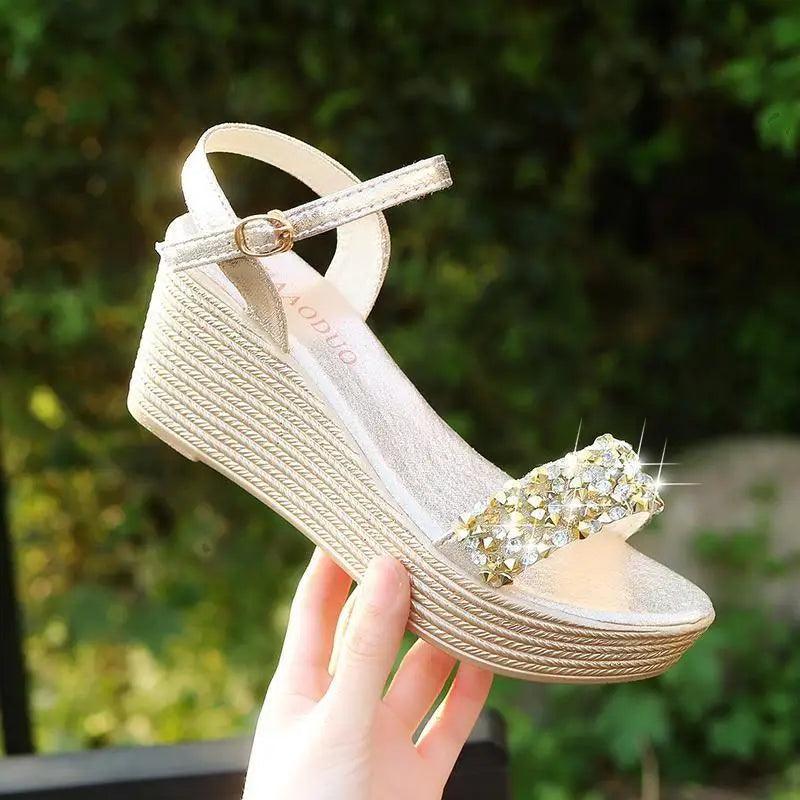 Pearl Drop Rhinestone Ankle Strap Glitter Platform Wedge Sandal | Open Toe & Espadrille Wedge