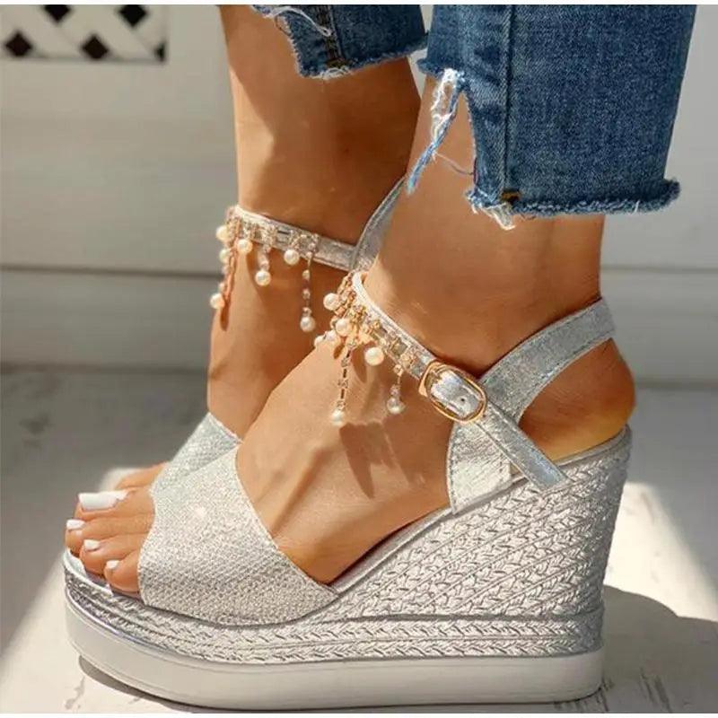 Pearl Drop Rhinestone Ankle Strap Glitter Platform Wedge Sandal | Open Toe & Espadrille Wedge
