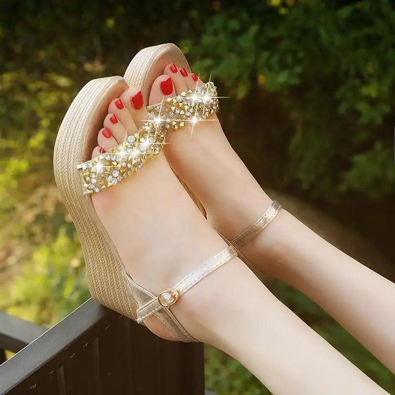 Pearl Drop Rhinestone Ankle Strap Glitter Platform Wedge Sandal | Open Toe & Espadrille Wedge