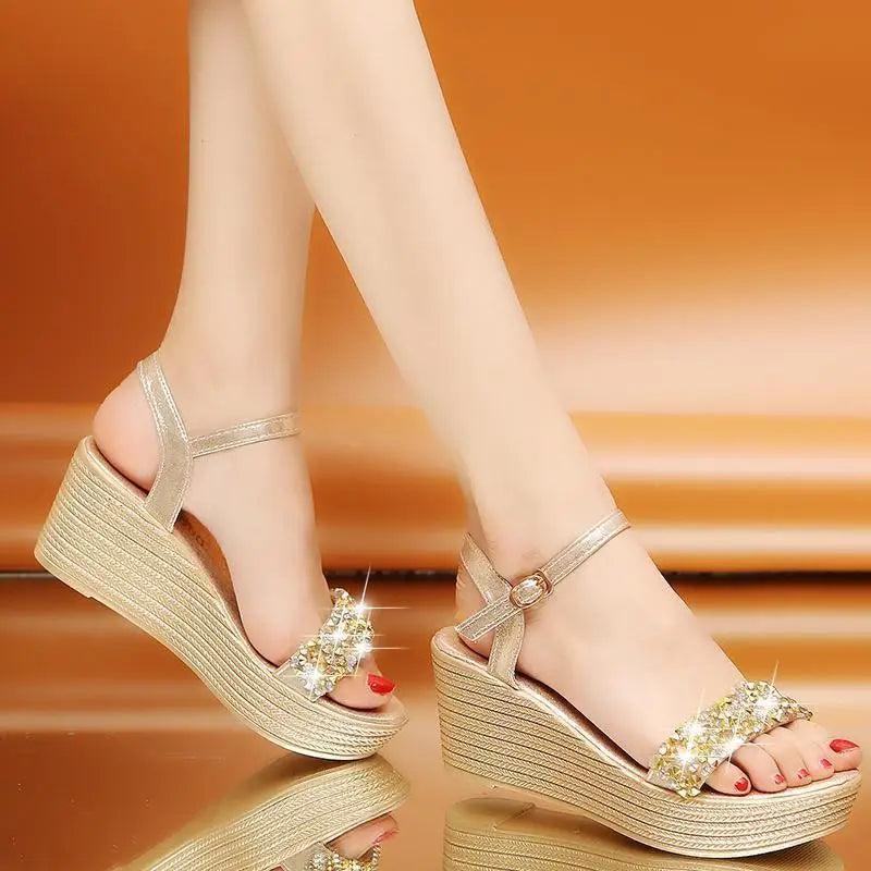 Pearl Drop Rhinestone Ankle Strap Glitter Platform Wedge Sandal | Open Toe & Espadrille Wedge