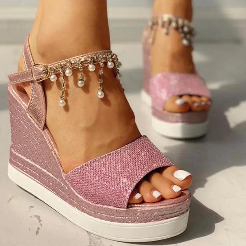 Pearl Drop Rhinestone Ankle Strap Glitter Platform Wedge Sandal | Open Toe & Espadrille Wedge