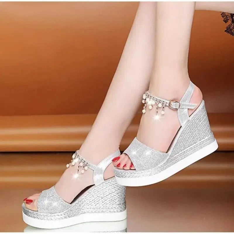 Pearl Drop Rhinestone Ankle Strap Glitter Platform Wedge Sandal | Open Toe & Espadrille Wedge