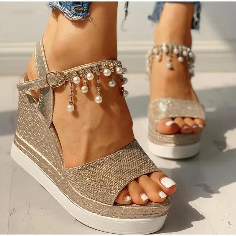 Pearl Drop Rhinestone Ankle Strap Glitter Platform Wedge Sandal | Open Toe & Espadrille Wedge
