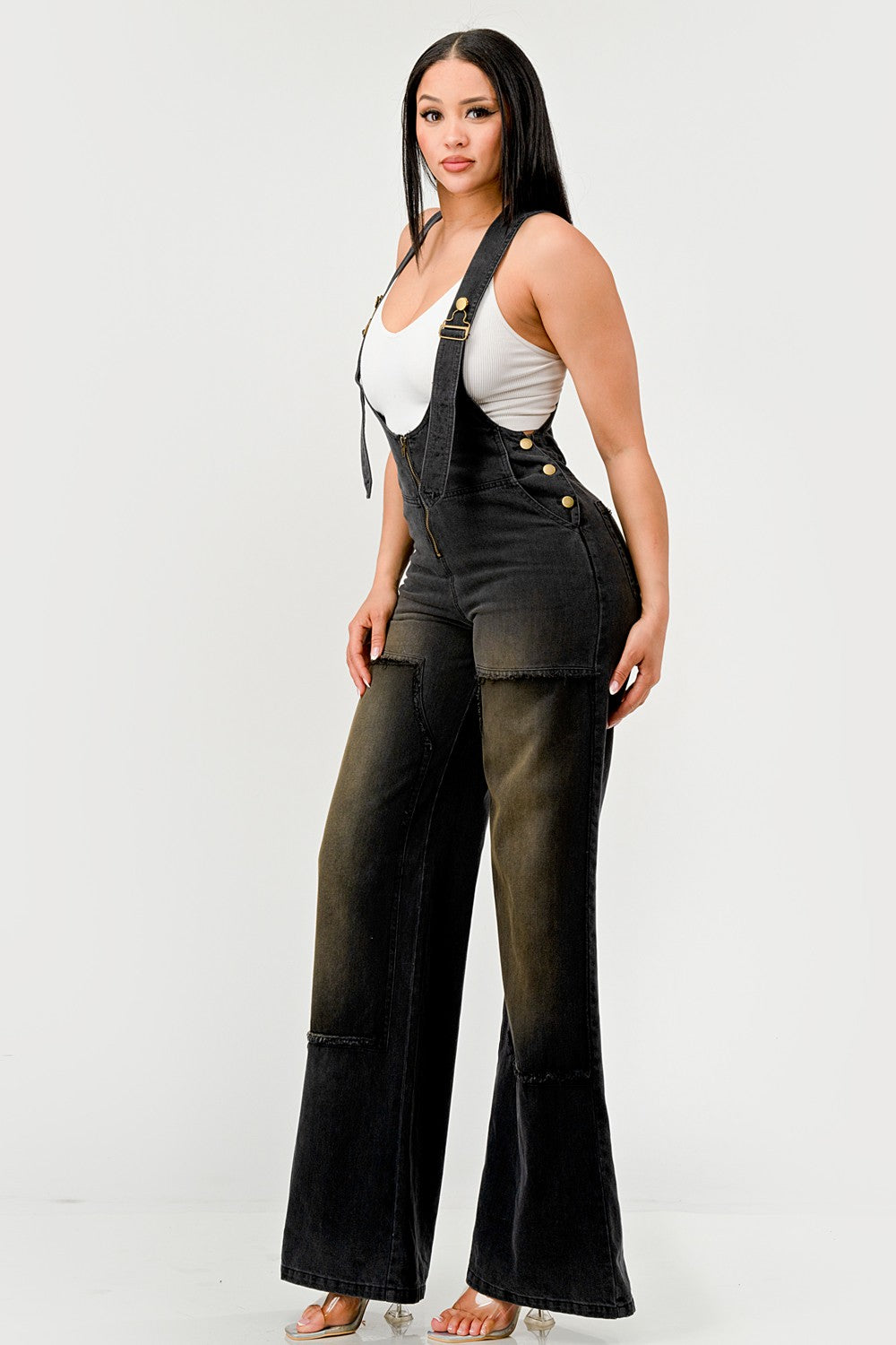Dark Wash Wide-Leg Denim Overalls with Gold Hardware & Cargo Pockets