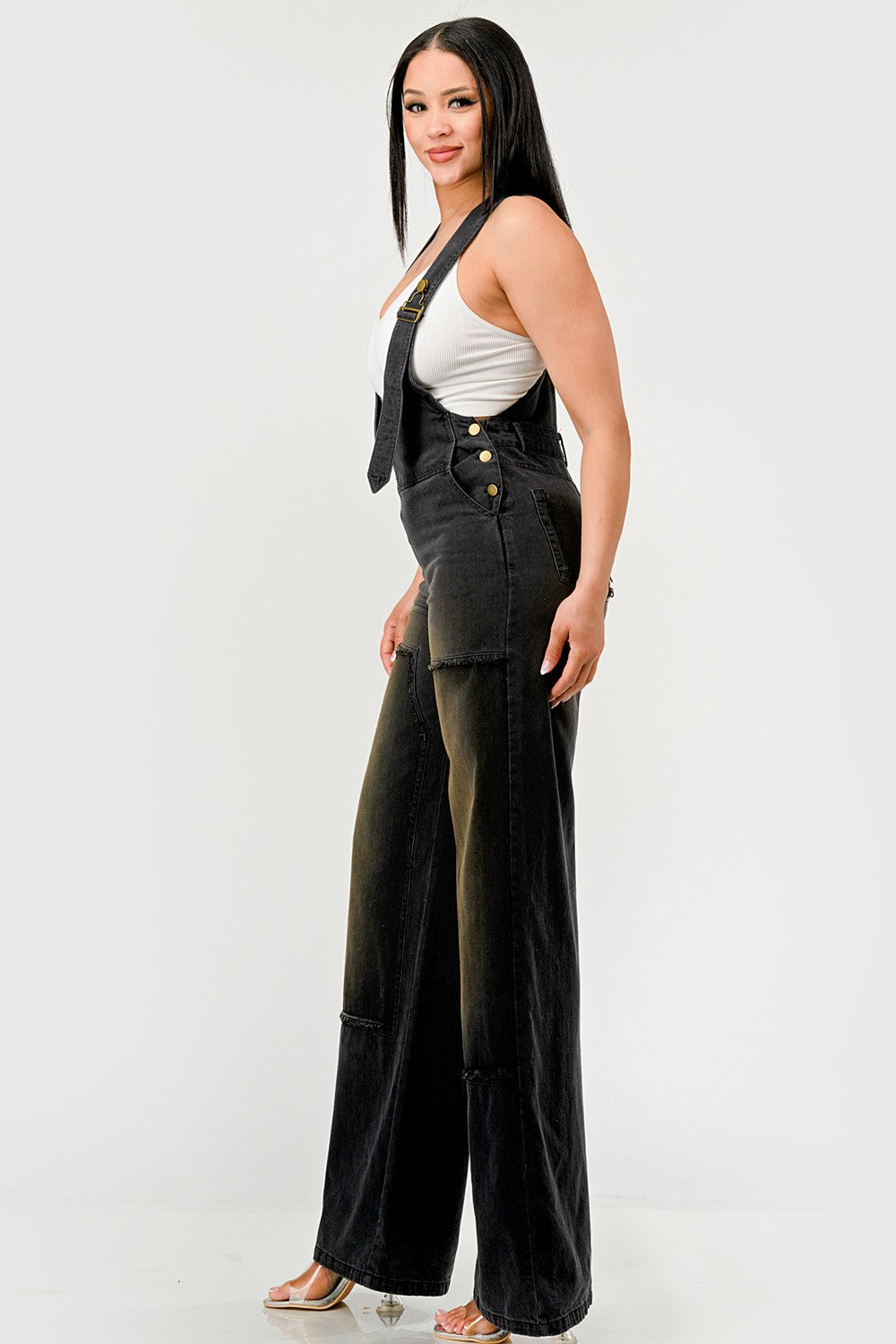 Dark Wash Wide-Leg Denim Overalls with Gold Hardware & Cargo Pockets