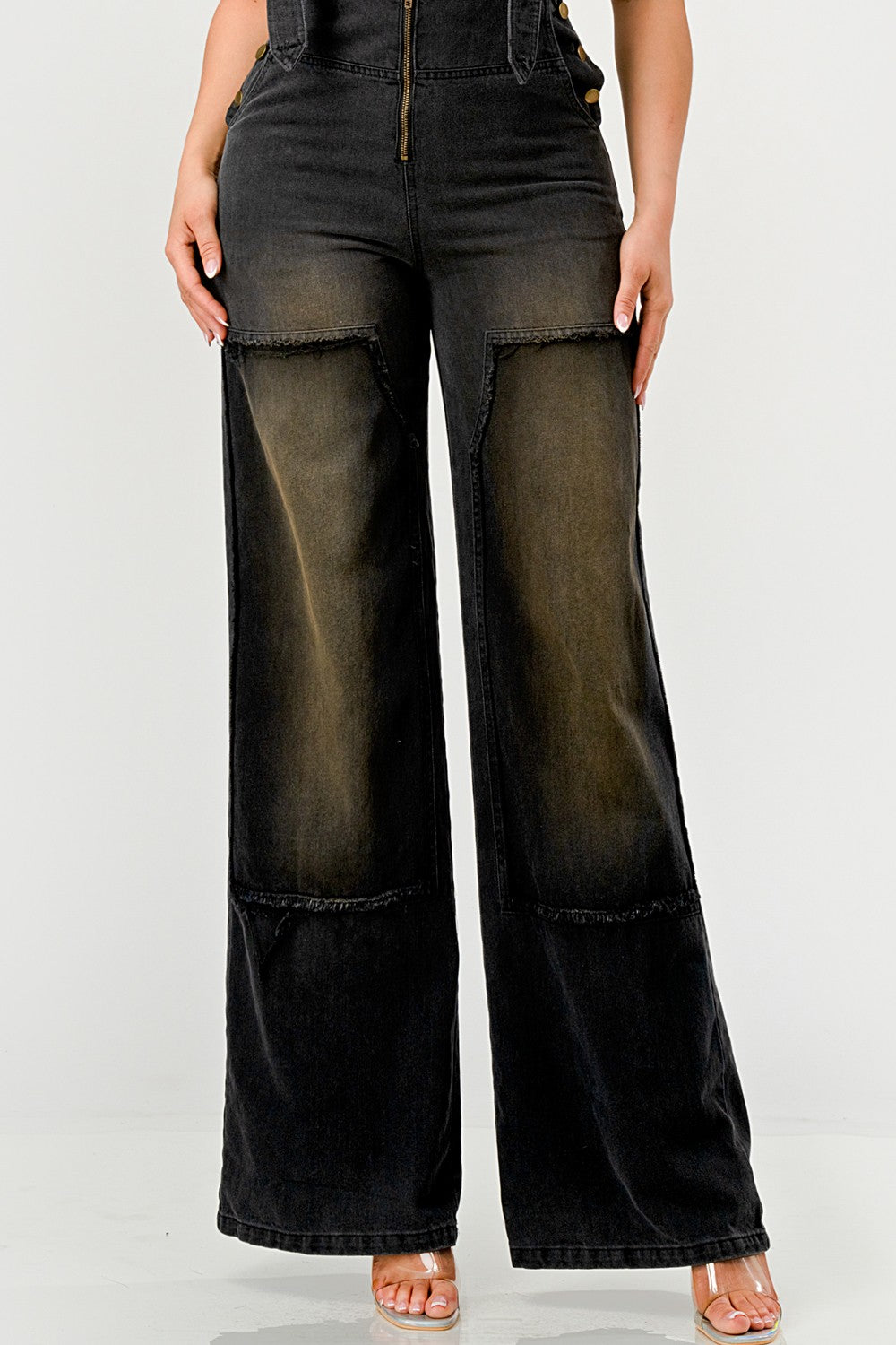 Dark Wash Wide-Leg Denim Overalls with Gold Hardware & Cargo Pockets