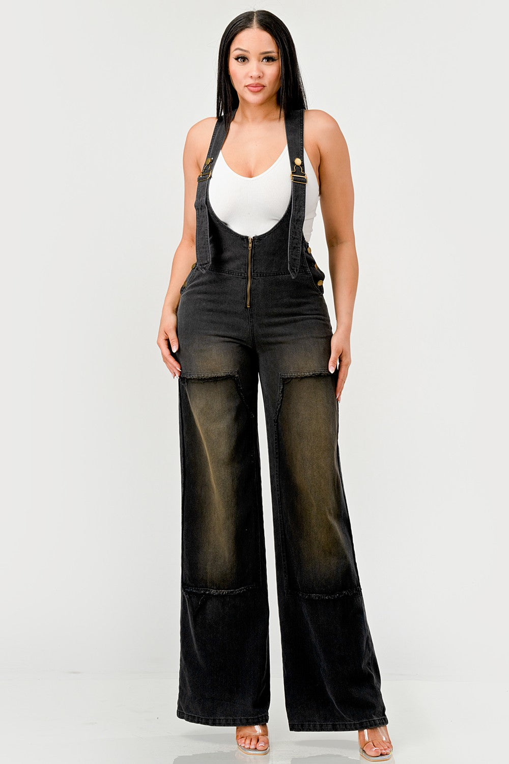 Dark Wash Wide-Leg Denim Overalls with Gold Hardware & Cargo Pockets