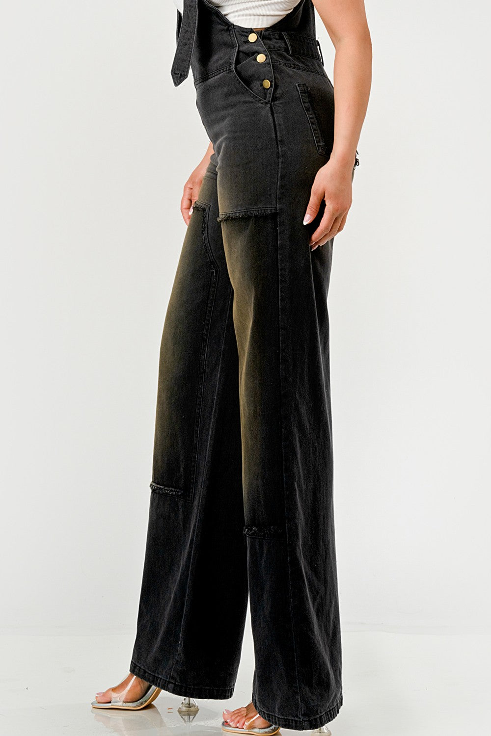Dark Wash Wide-Leg Denim Overalls with Gold Hardware & Cargo Pockets