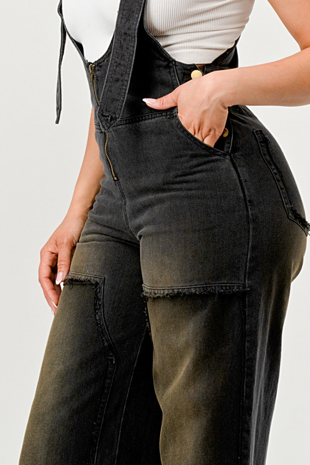 Dark Wash Wide-Leg Denim Overalls with Gold Hardware & Cargo Pockets