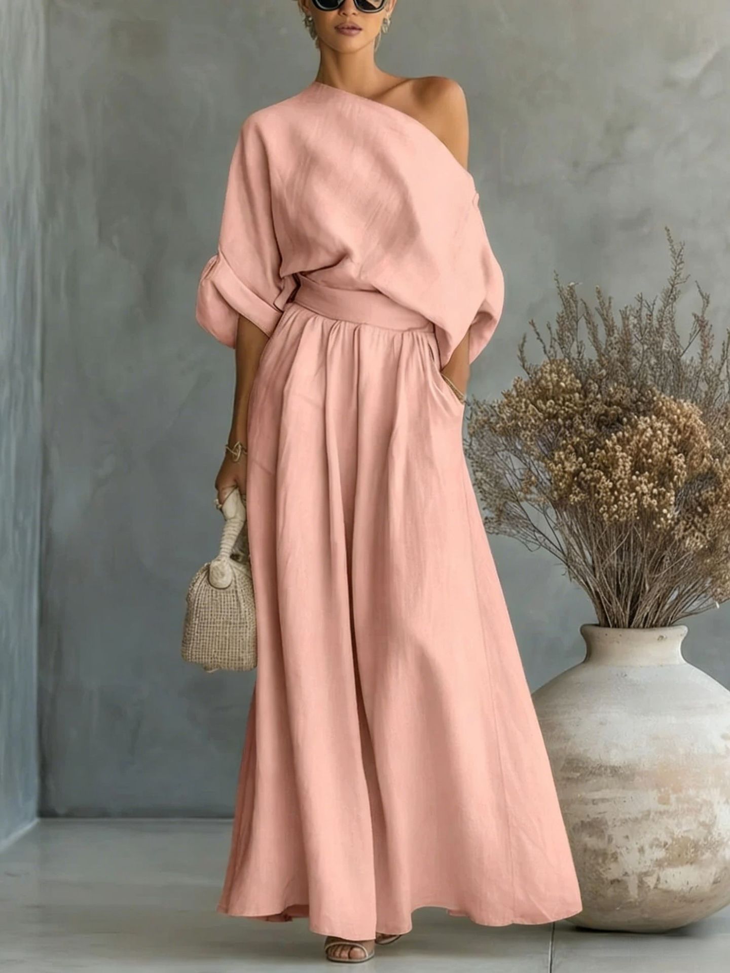 Cropped Off-Shoulder Top & Pants Two-Piece Set