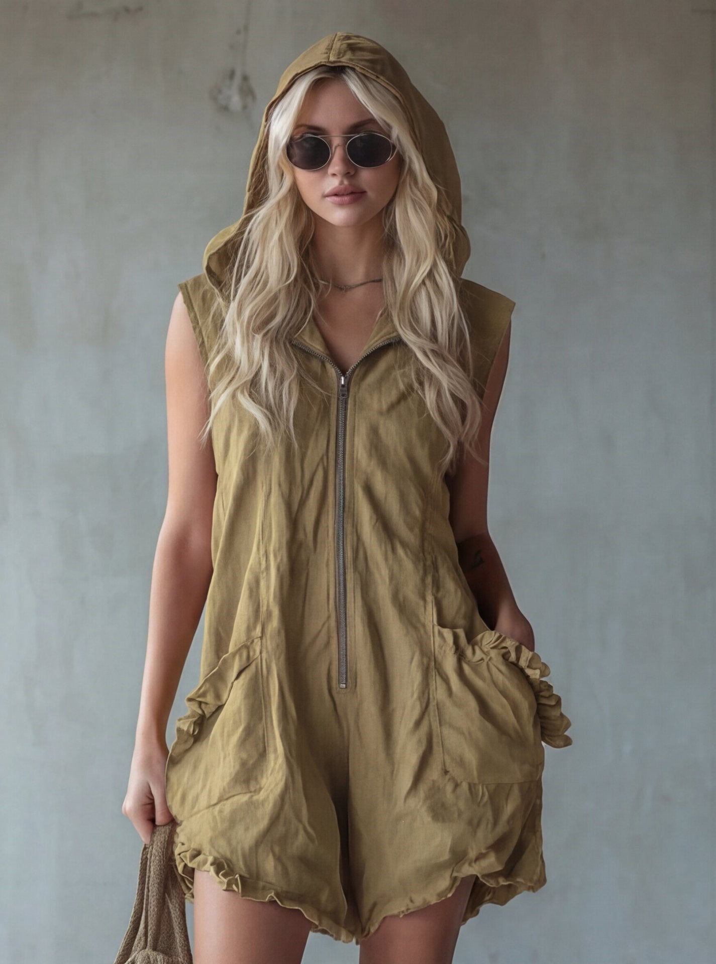 Hooded Zip-Up Cropped Jumpsuit | Women's Sleeveless Retro Cotton-Linen One-Piece