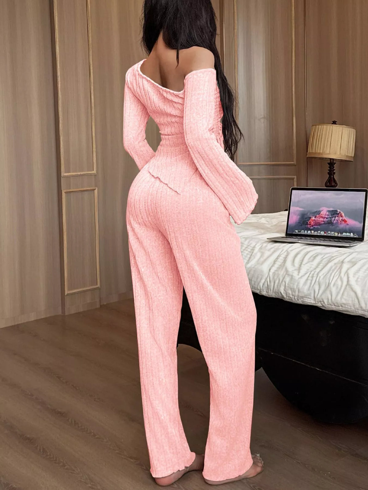 One-Shoulder Ribbed Knit Top and Pants Set