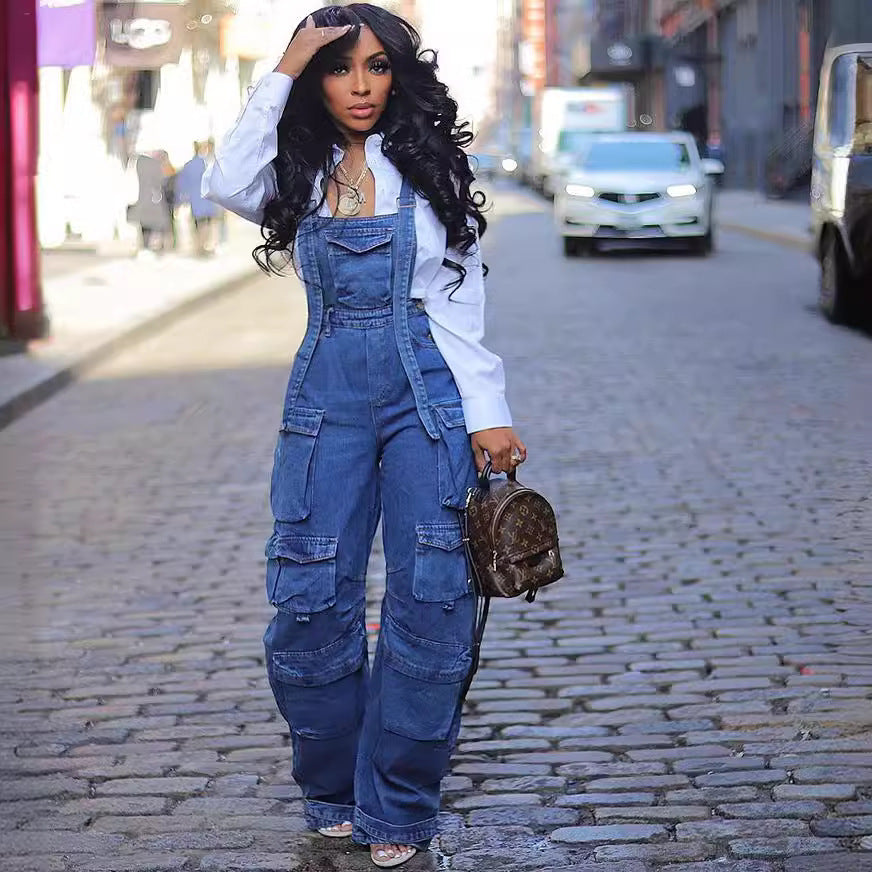 Denim Cargo Overall Jumpsuit | Wide-Leg Bib Multi-Pocket Loose Fit