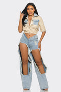 Coachella Reinvented Chain-Draped Crop Shirt & Cutout Wide-Leg Denim Set