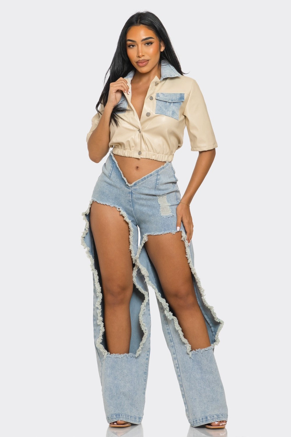 Coachella Reinvented Chain-Draped Crop Shirt & Cutout Wide-Leg Denim Set