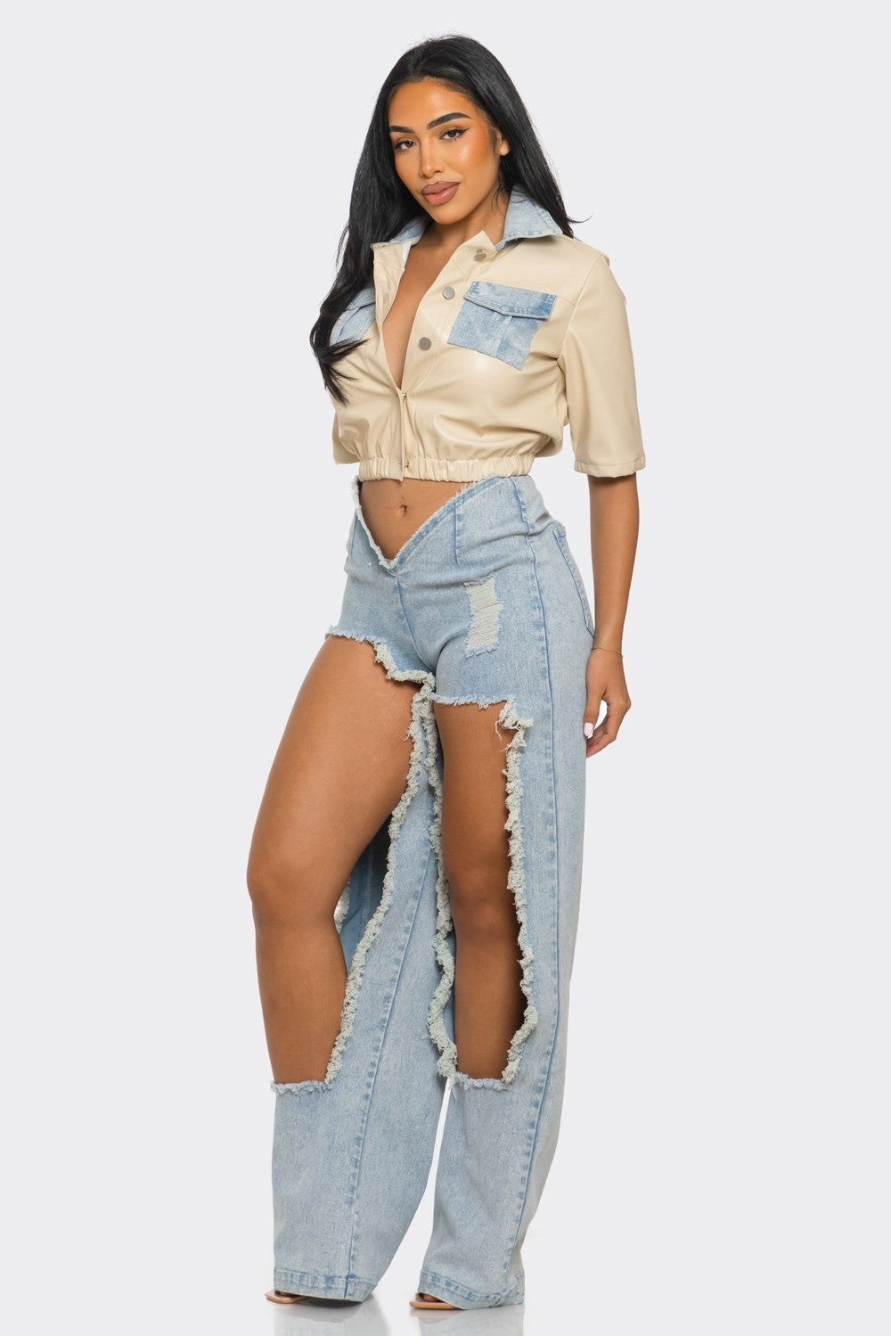 Coachella Reinvented Chain-Draped Crop Shirt & Cutout Wide-Leg Denim Set