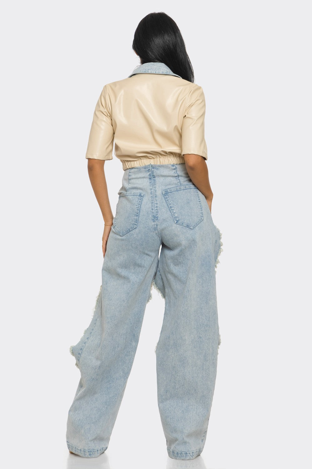 Coachella Reinvented Chain-Draped Crop Shirt & Cutout Wide-Leg Denim Set