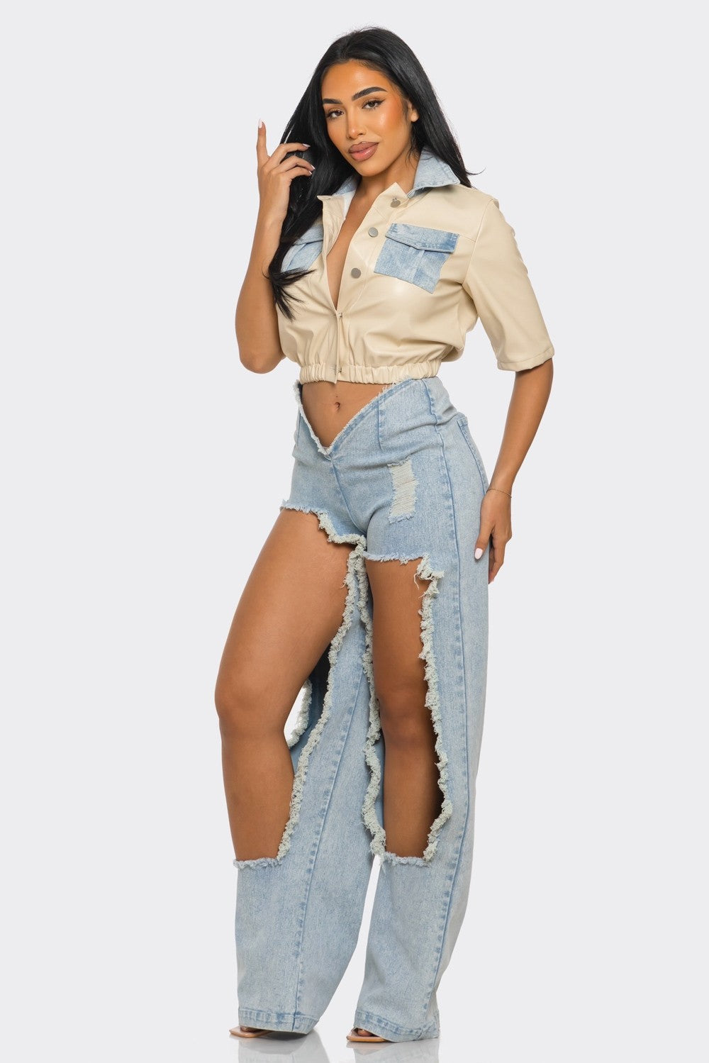 Coachella Reinvented Chain-Draped Crop Shirt & Cutout Wide-Leg Denim Set